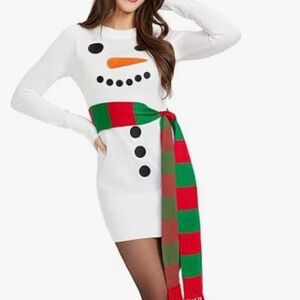 White Snowman Dress with Red and Green Scarf